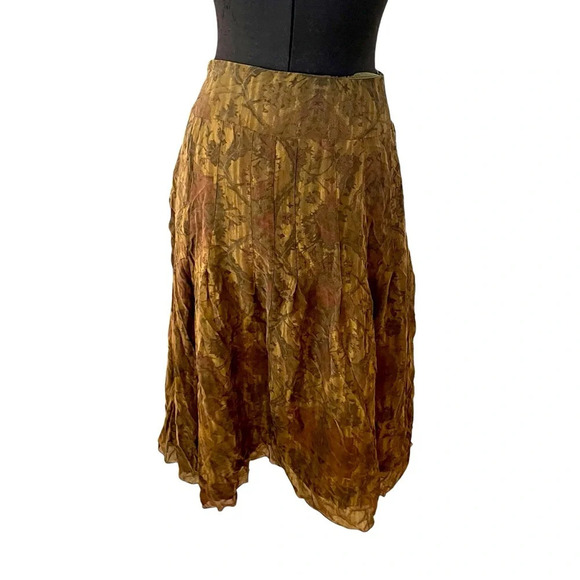 Peruvian Connection Olive Green and Brown Floral Silk Chiffon Skirt Size 6 - Picture 1 of 7